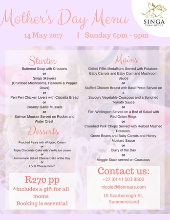 Mother's Day Menu Singa Town Lodge